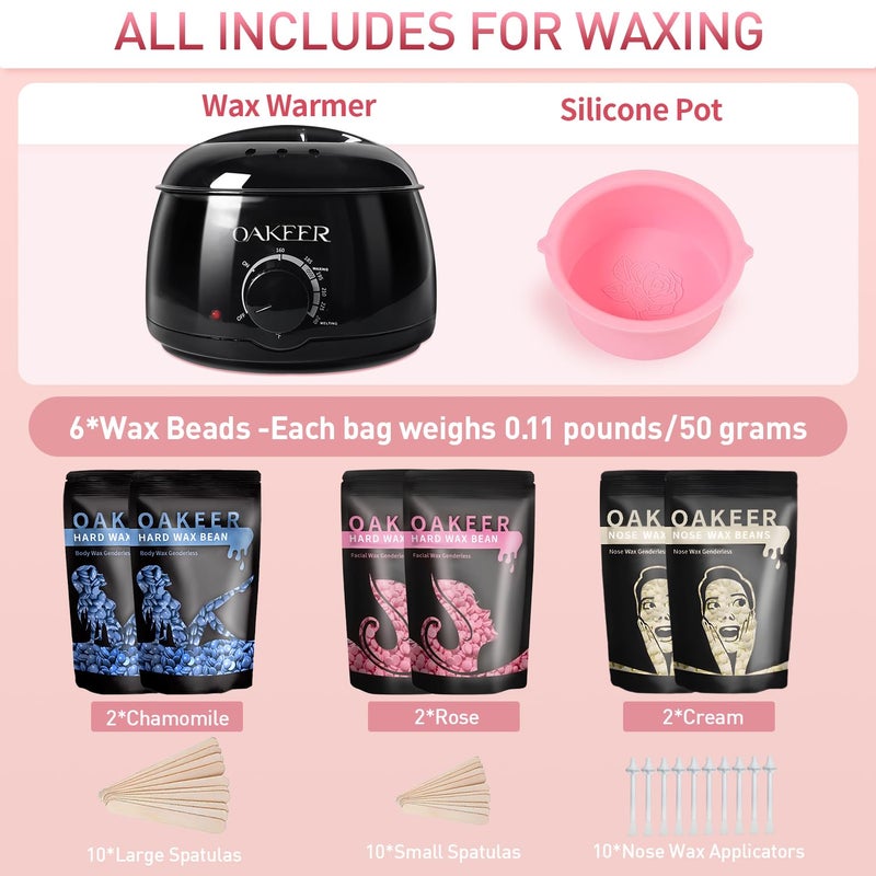Oakeer Waxing Kit for Women Men, Wax Pot Machine, Wax Warmer for Hair Removal At Home With 6 Bags Beans, Body Waxing For Eyebrows Nose Cheeks Arms Bikinis Legs - Image 2